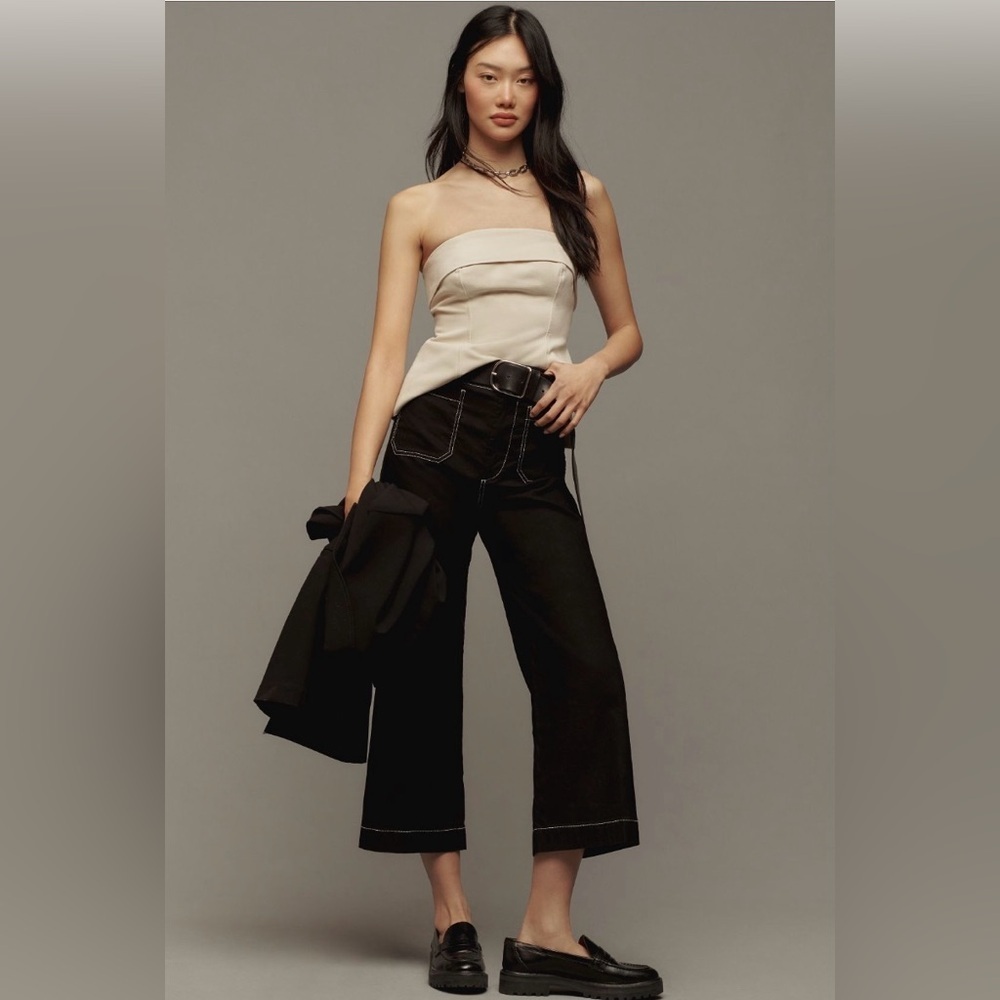 Anthropologie The Colette Contrast-Stitch Cropped Wide-Leg Pants Sz 29 READ NWT - Picture 2 of 16